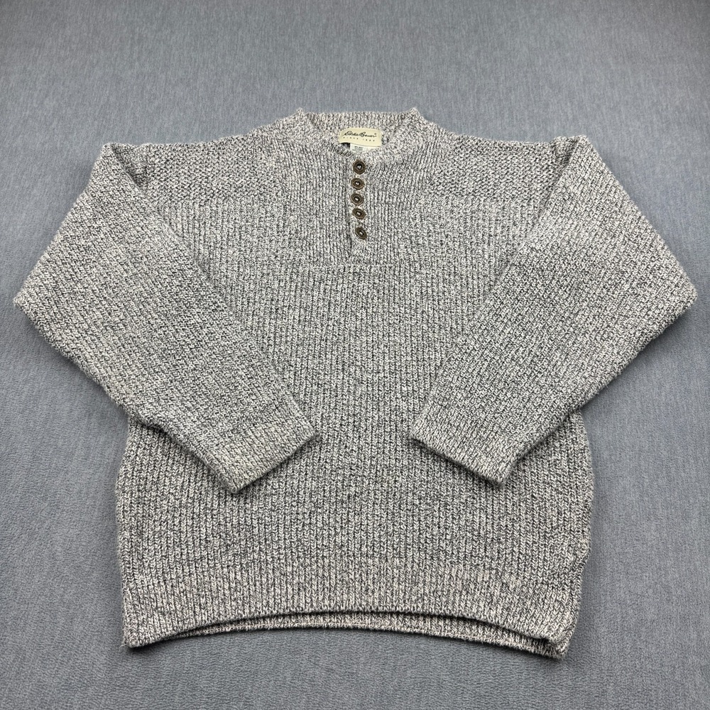Vintage Eddie Bauer Sweater Mens Small Gray‎ Henley Knit Cotton Made in USA 90s